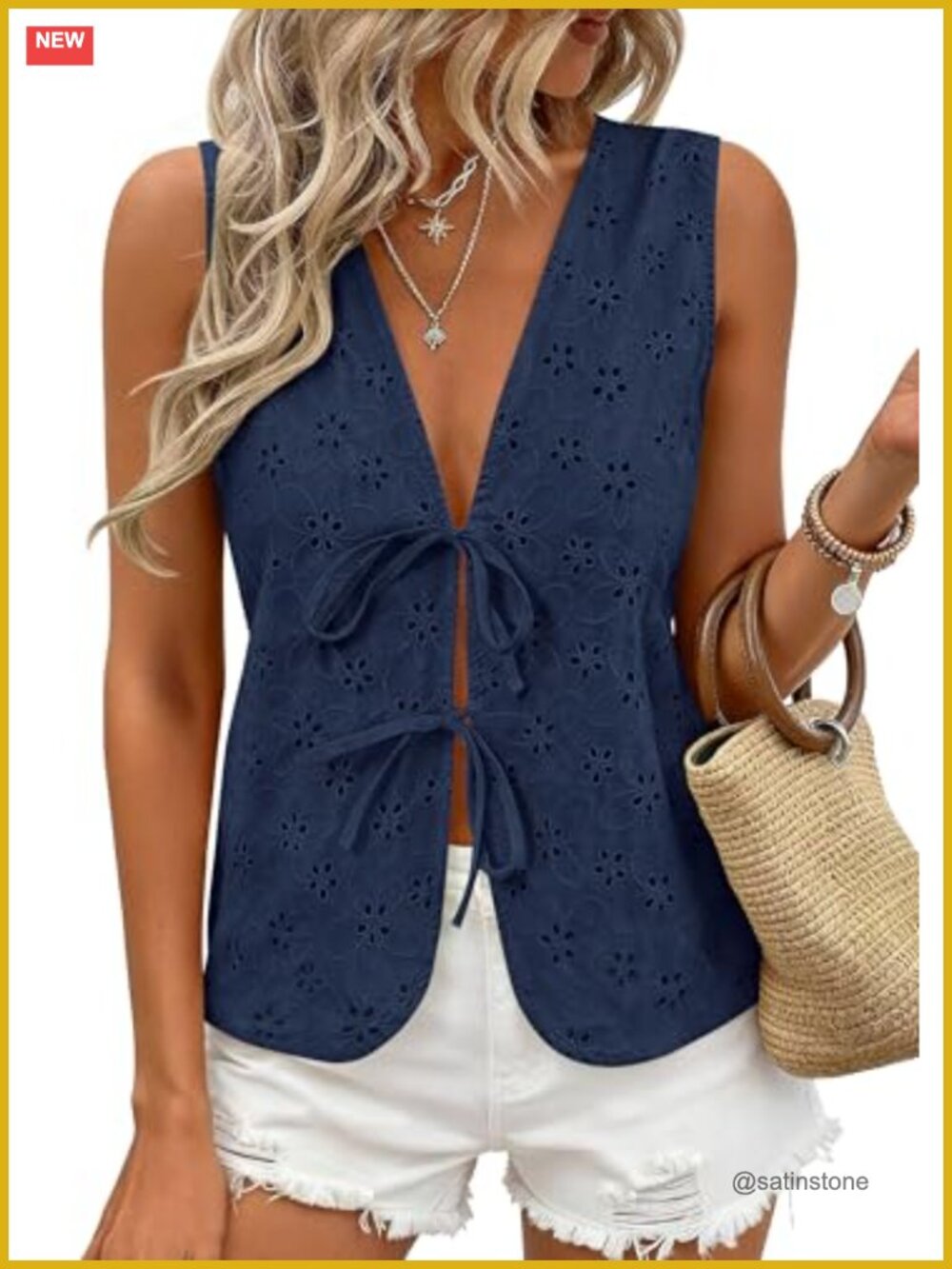 Women's Eyelet Lace Tie Front Vest Top Sleeveless Summer Tank